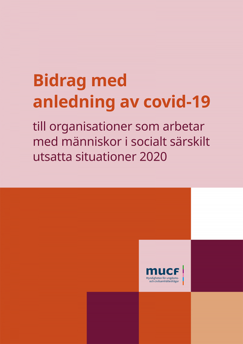 Framsida av rapport utan bild med texten: Bidrag med anledning av covid-19 till organisationer som arbetar med människor i socialt särskilt utsatta situationer 2020