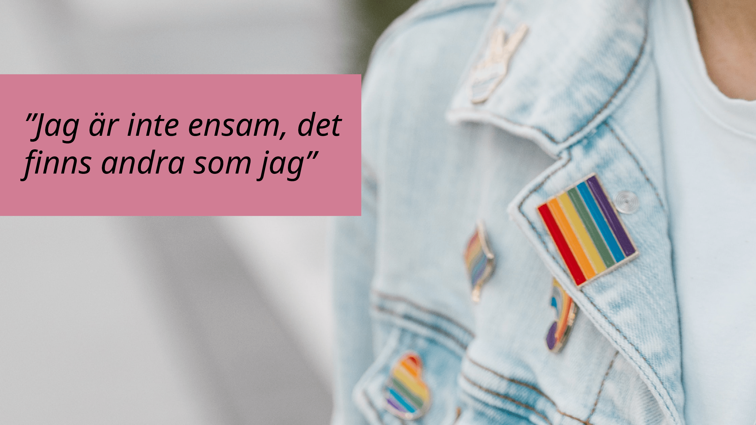 Jeansjacka med pins av regnbågsflaggan. Namnet på rapporten står utskrivet: Jag är inte ensam, det finns andra som jag.